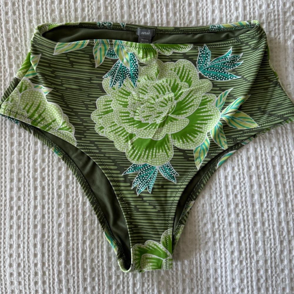 aerie Olive Green Floral High-Waist Bikini Bottoms